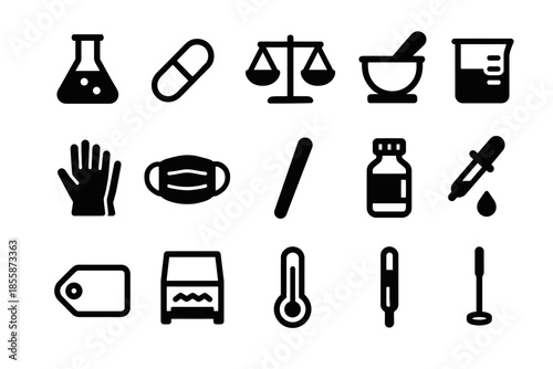 Medical equipment icons: lab, medicine, scale, mortar, mask, dropper