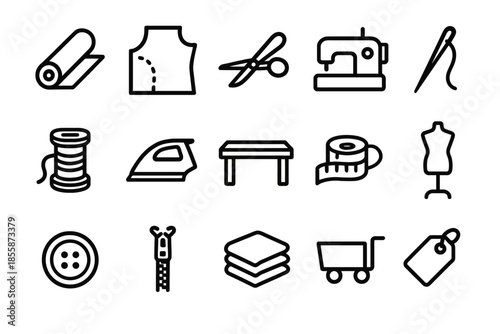 Sewing tools and supplies icons including scissors, sewing machine, and measuring tape