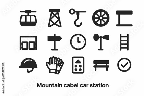 Mountain cable car station icons: transportation and adventure symbols