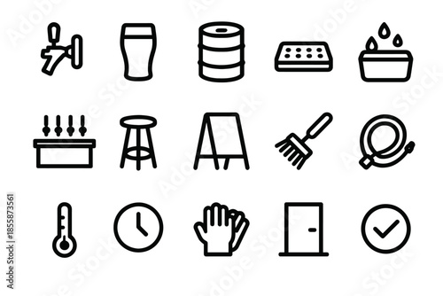 Collection of brewing and gardening icons with tools and equipment