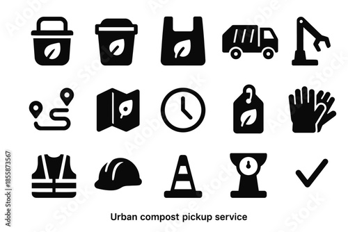 Urban compost collection icons: recycling, logistics, safety, and more
