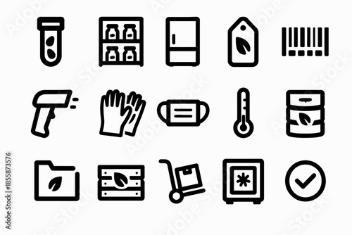 Icons: lab equipment, storage shelves, tags, safety tools, thermometer, safe, cart