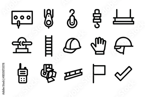 Construction safety icons: helmet, gloves, hooks, and tools in minimalist design