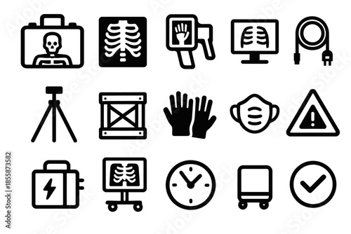 Medical equipment icons set: x-ray, safety gear, diagnostic tools, protective wear