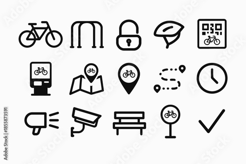 Bicycle icon set: transportation, navigation, security, and public services