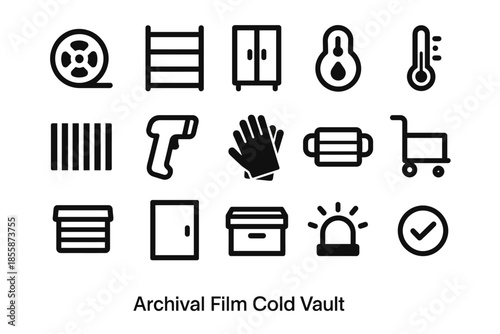 Archival film cold vault icons: storage, temperature, safety, protection, organization