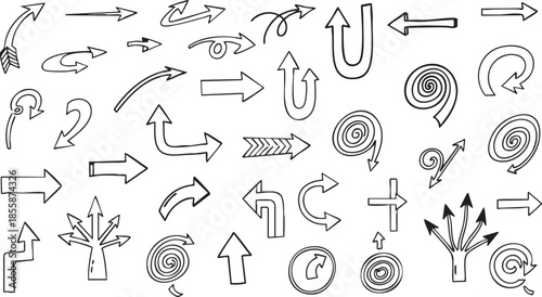 A large collection of hand-drawn doodle arrows pointing in various directions and styles, isolated on a white background.