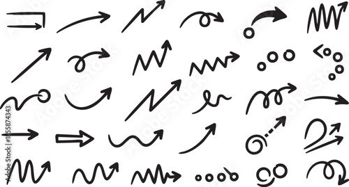 A diverse collection of hand-drawn black arrows in various styles and directions, perfect for graphic design elements.