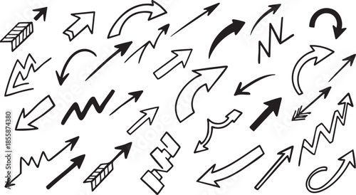 A diverse collection of hand-drawn doodle graphic elements, featuring various arrows, wavy lines, geometric shapes, and a shooting star illustration.