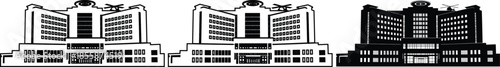 A set of three different black and white illustrations of a large hospital building