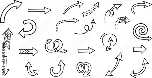 A collection of hand-drawn doodle arrows in various styles and directions, including curved, straight, spiral, and dashed lines, on a white background.