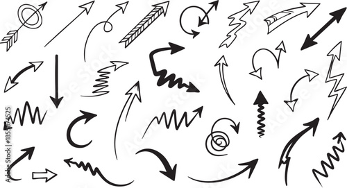 A diverse collection of hand-drawn arrows in various styles and directions, perfect for graphic design elements and indicators.