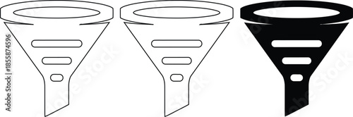 A set of three funnel shapes in black and white for marketing and sales concepts