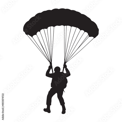 Silhouette of a paratrooper gracefully descending with an open parachute against a clear sky