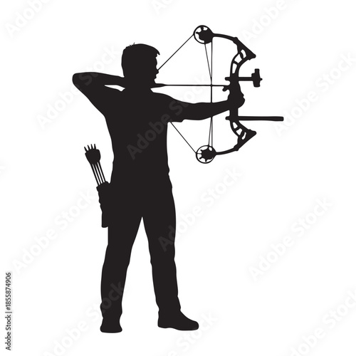 Professional archer in silhouette with compound bow, ready to shoot an arrow with precision