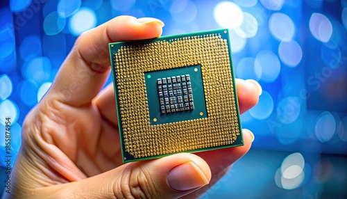Fototapeta Hand holding an Intel Core i5-14600K 14th gen desktop CPU microprocessor chip for high performance computing and gaming PCs.