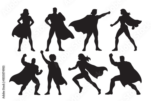 Dynamic collection of superhero silhouettes in various powerful and heroic poses
