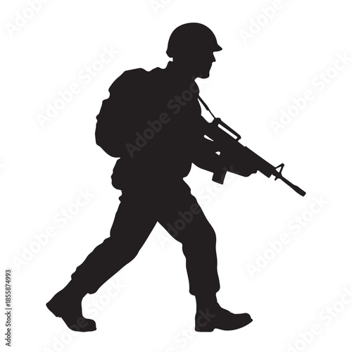 Silhouette of a soldier advancing with a rifle and backpack on a mission