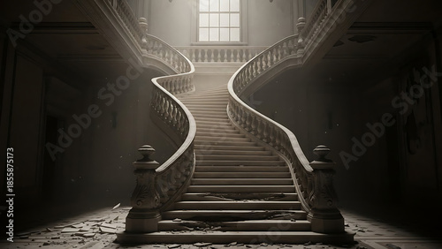 A grand curved staircase with ornate railings leading up to a bright window