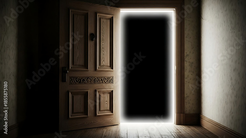 An old wooden door ajar with light shining through