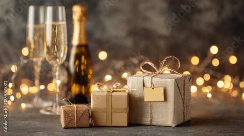 Celebration Decor: Champagne, Festive Lights, and Gift Boxes