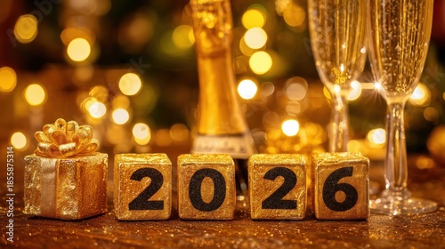 Golden 2026 Numerals with Champagne and Gift on Festive Background