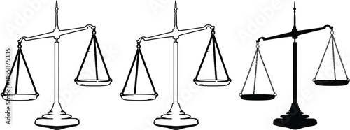 Various Illustrations of Balance Scales in Different Styles and Line Weights