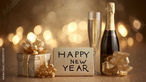 Happy New Year Celebration Setup with Champagne, Gift Box, and Festive Decorations
