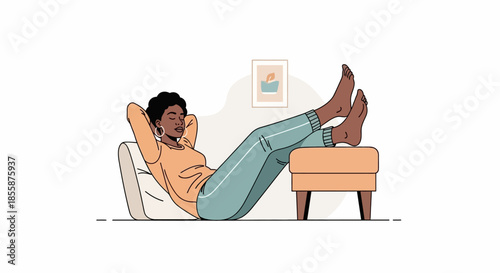 An illustration of a relaxed Black woman with short hair resting comfortably on a chair with her feet up on an ottoman, eyes closed, enjoying a peaceful moment at home.