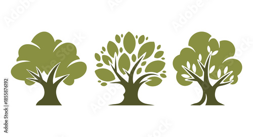 Set of 3 Stylized Green Tree Icons - Flat Vector Nature Illustrations