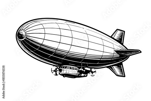 Black and white clean vector illustration of a classic airship flying forward