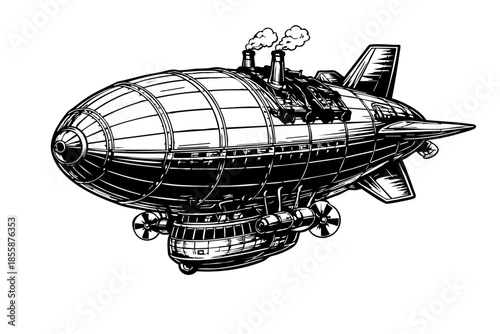 Steampunk-inspired airship with mechanical details and rivets