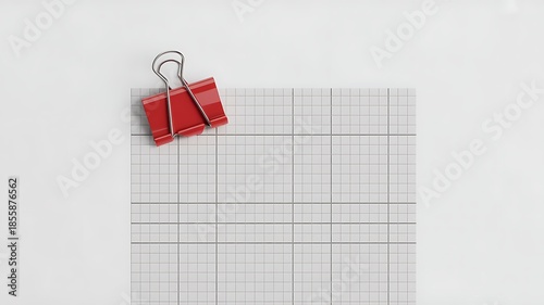  quadrille paper page with red paperclip isolated on white or transparent.