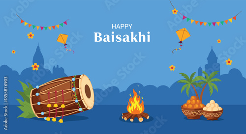 Happy Baisakhi festival celebration banner with a dhol drum, bonfire, kites, and traditional Indian sweets.