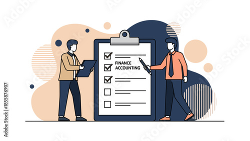 Finance and Accounting Checklist with Two Professionals Reviewing Tasks.