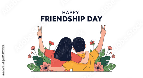 Happy Friendship Day illustration with two friends hugging and showing peace signs surrounded by pink flowers.
