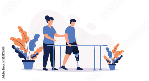 Patient with a prosthetic leg undergoing physical therapy rehabilitation session with a medical professional.