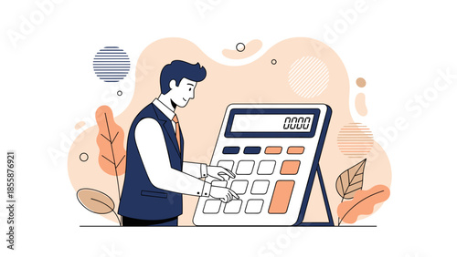 Man calculating finances with a large calculator in a business setting.