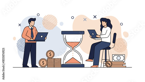 Time is Money Business People Working with Laptops Near Hourglass and Coins.