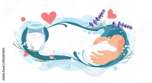 Tender newborn baby sleeping peacefully in hands with milk, lavender, and hearts in a soft artistic illustration.