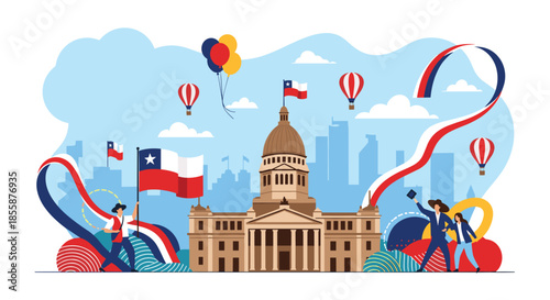 Chile Independence Day celebration with the national congress building, flags, balloons, and festive characters.