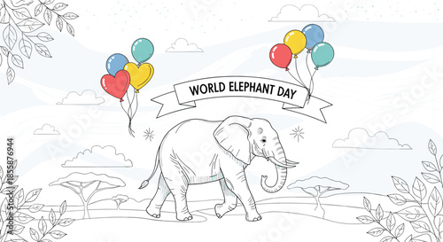 Sketch of a large african elephant walking in a savanna landscape decorated with colorful balloons for world elephant day celebration.