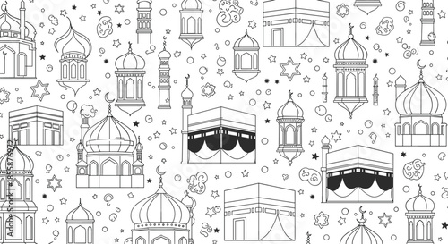 Detailed black and white seamless pattern featuring various islamic architectural elements like mosques domes minarets and the holy kaaba.