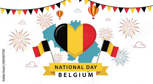 Belgium national day celebration featuring country map and heart shaped flag surrounded by festive fireworks and flags.