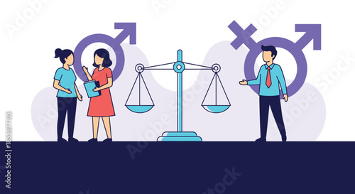 Man and women standing next to a balanced scale and gender symbols to represent equal rights and fair pay in the workplace.