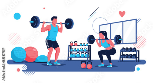 Fitness enthusiasts performing squats with barbells in modern gym setting with exercise equipment and weight racks.