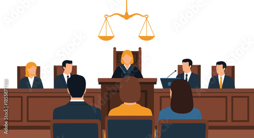 Professional courtroom scene showing judge presiding over trial with jury and audience members in legal proceeding.
