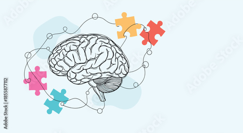 Hand drawn illustration of human brain connected to colorful puzzle pieces representing mental health and logic.