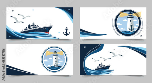 Collection of maritime banners featuring cruise ships, lighthouses, anchors, and seagulls on blue wave backgrounds.