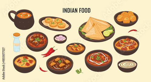 Variety of traditional Indian food dishes including curries, samosas, and snacks arranged on a light background.